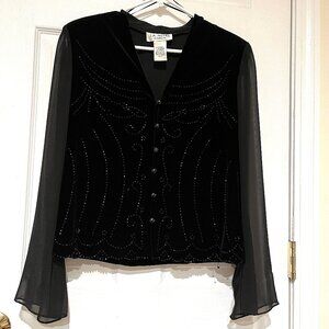 ladies size 12 black velour beaded J R Nites by Carol Lin sheer sleeve shirt top